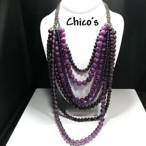 Chico's Purple Multi-Strand Acrylic Layered Bead Necklace, Gunmetal Gray Chains